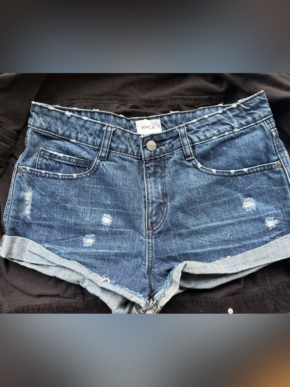 RVCA Women's Dark Blue Distressed Roll-Hem Jean Shorts
